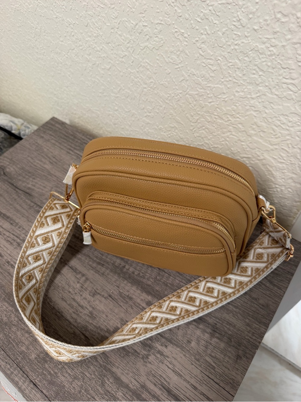 Tan Crossbody Bag with Adjustable Woven Strap - Picture 3 of 3